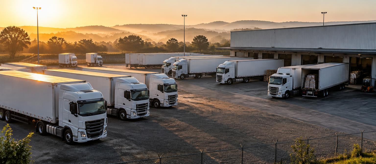 Pátio de transportadora com caminhões carregados no início da manhã
